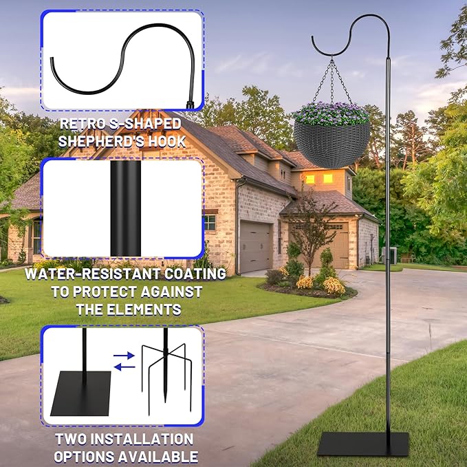 Liitrton 62.6 Inch Shepherds Hooks for Outdoor, Adjustbale Hummingbird Feeder Stand Bird Feeder Pole Wind Chime Stand with Flat Base, 4 Prongs Base and Water Weight Bag (2 Pack)