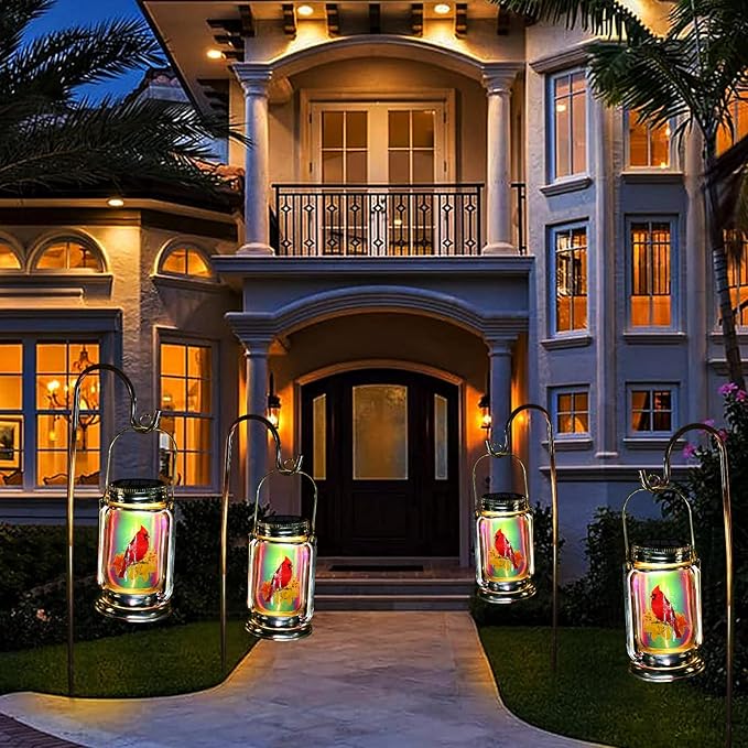 Outdoor Solar Cardinal Lantern-2 Pack Garden Hanging Red Bird Lanterns, Gifts for Mom Women Grandma,Silver Glass Mason Jars,Waterproof LED Decorative Lights for Patio Table Garden Pathway Yard