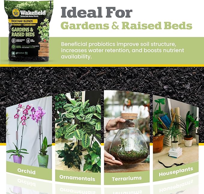 Wakefield Premium Biochar Blend with CarbonBoost & Advanced Probiotics - Ultimate Organic Potting Soil Mix for House Plants, Gardens and Raised Beds - Enhanced Water & Nutrient Retention - 4Quarts