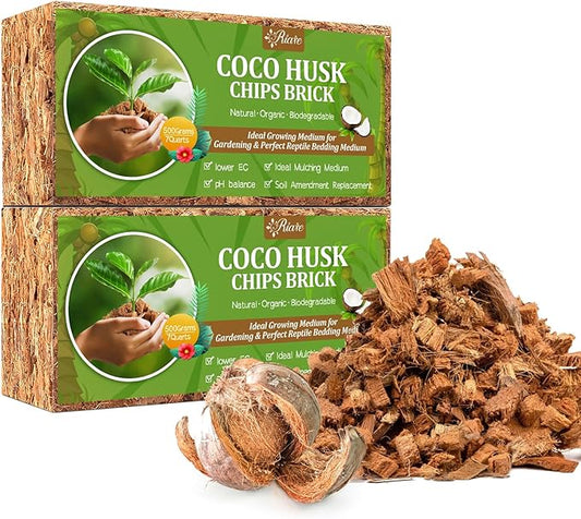 Riare 2 Pack Coco Chips Substrate for Plants- 2.2lb 100% Organic Coconut Husk Brick with Low EC and pH Balanced, High Expansion Coconut Substrate Coco Husk Mulch for Garden Flowers, Herbs, Planting
