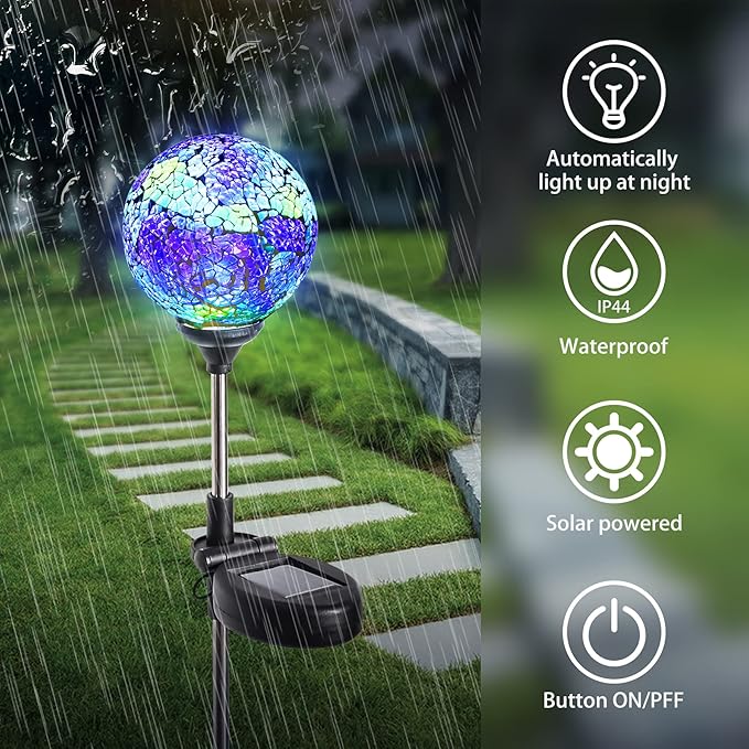 WNP Outdoor Mosaic Solar Light Stake Decor for Garden Waterproof,Color Glow Solar Powered Led Light Decorative Outdoor Landscape Blue Glass Ball Solar Absorb Birhtday Gift Lights for Mom Yard,Path