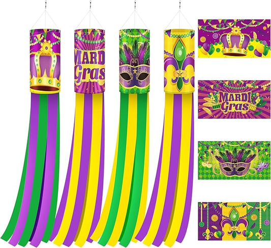 EBaokuup 4 Pcs Mardi Gras Wind Sock,41.3 Inch Mardi Gras Spinners Windsock,Purple Yellow Green Decor Windsock for Home Yard Party Mardi Gras Outdoor Decoration