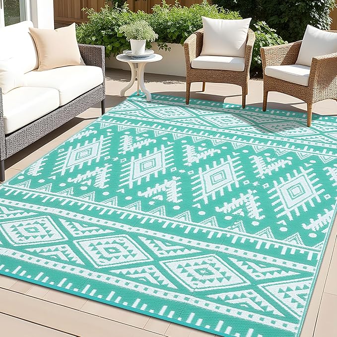 OLANLY Outdoor Rug Waterproof 9x12 ft, Reversible Outdoor Plastic Straw Rug, Boho Patio Rug, Indoor Outdoor Carpet, RV Mat Outside for Patio, Camp, Picnic, Balcony, Deck, Backyard, Turquoise & White