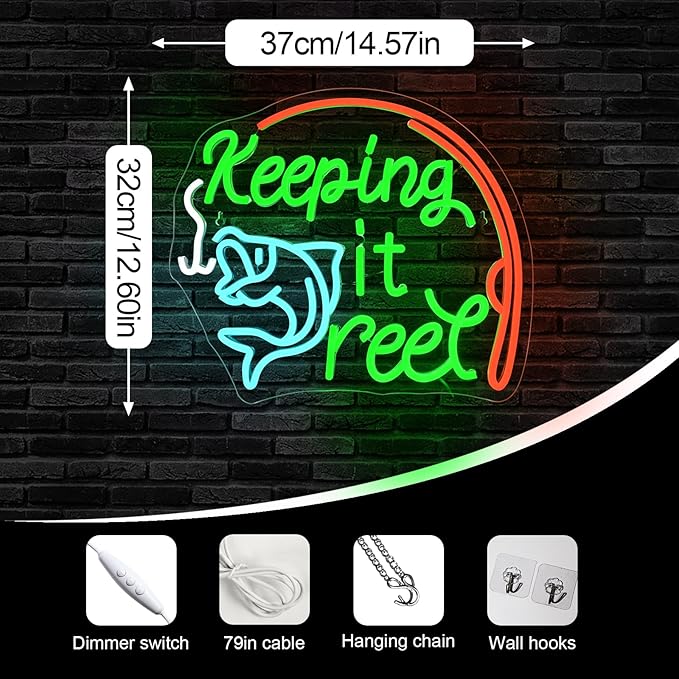 Keeping It Reel Neon Sign Fishing Themed LED Wall Decor for Man Caves, Tackle Shops & Lake Houses, USB-Powered Adjustable Brightness, Angler-Themed Decoration