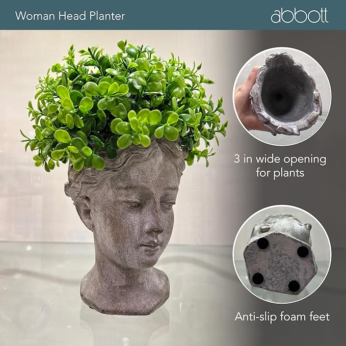 Abbott Collection Goddess Head Wall Planter - Large Cement Indoor and Outdoor Planter Pot - Grecian Woman Statue Head Planter for Flowers and Succulents (Grey, 3.5" Opening)