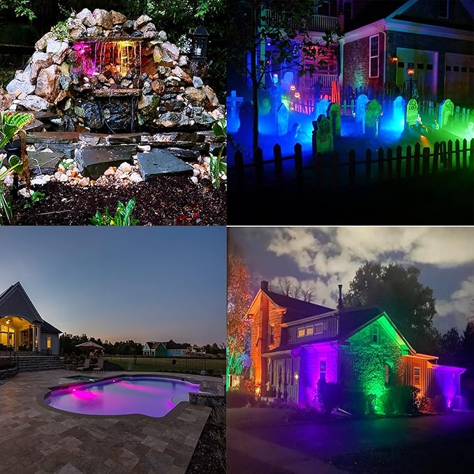 Landscape 10W Spotlight Outdoor Lighting With US Plug and Remote Control - 12V Garden Waterproof Yard Lights for Christmas Decorations (Mixed Color, NOT Pure RGB)