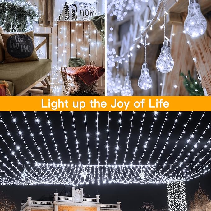 Ollny Outdoor String Lights 200LED 60FT, Cool White Connectable Plug in Fairy Light, 8 Modes Waterproof Timer Christmas Lights for Indoor Outside Bedroom House Party Wedding