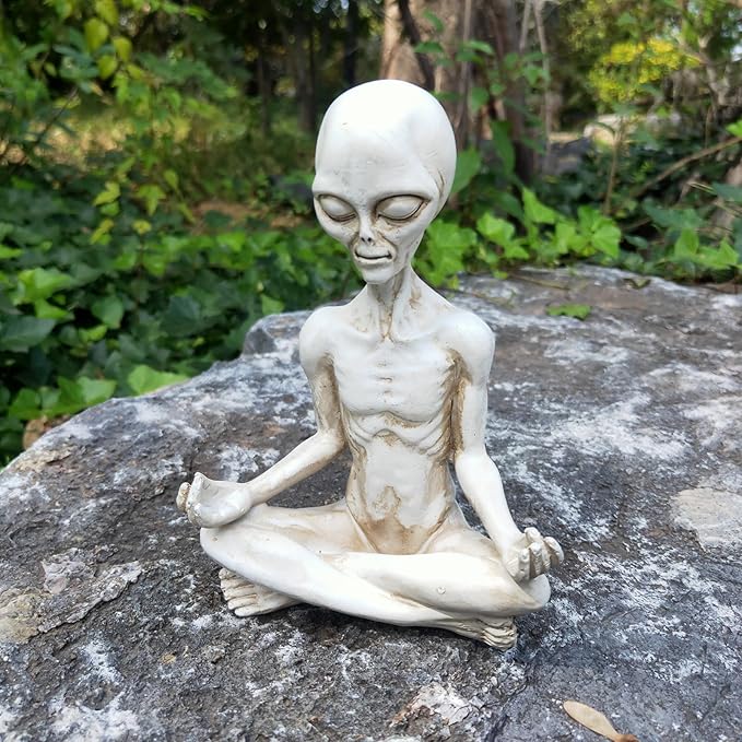 White Alien Statue, Resin Yoga Pose Alien Figure, 6.3" H Creative Yoga Alien Statue of The Thinker for Home Offcie Garden Decor Supplies