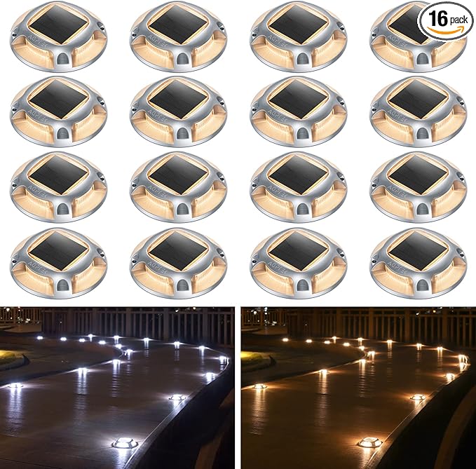 AGPTEK Solar Driveway Lights Outdoor 16 Pack, 2 Color Modes LED Deck Dock Marine Waterproof Driveway Marker Lights for Step Sidewalk Stair Garden Pathway Walkway Yard (Warm White/Cool White)