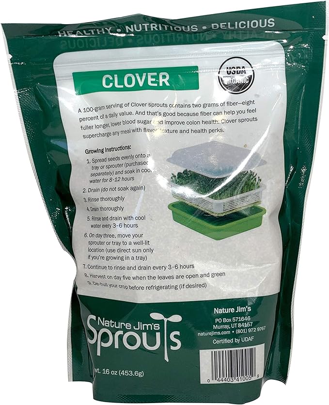 Nature Jims Sprout/Sprouting Seeds, Clover – Organic Non-GMO Premium Resealable Bag for Longer Freshness Rich in Vitamins, Minerals, Fiber, 16 oz