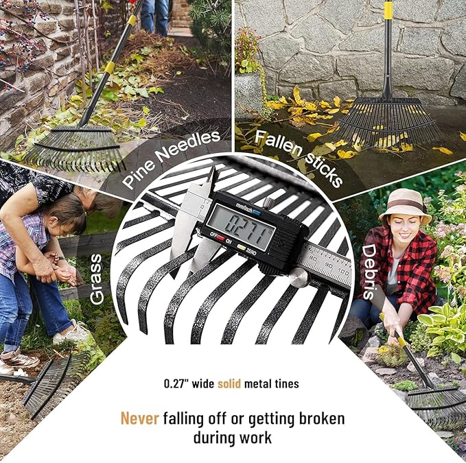 Rake, Garden Rake for Leaves, Leaf Rake Heavy Duty for Yard,Lawn,Shrub,Grass,Mulch, 8.5" Metal Head,6ft Adjustable Long Handle,Adults Kids Rake for Gardening