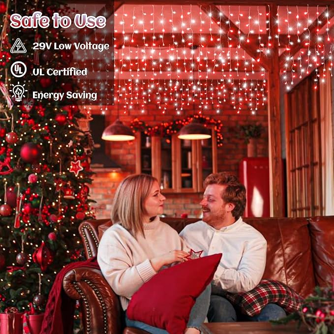 33ft Icicle Lights for Outside, Red and White Christmas Lights Outdoor Indoor, 400 LED Twinkle String Light with 75 Drops Short Curtain Light for Thanksgiving Room Home Wall Bedroom Window Decoration