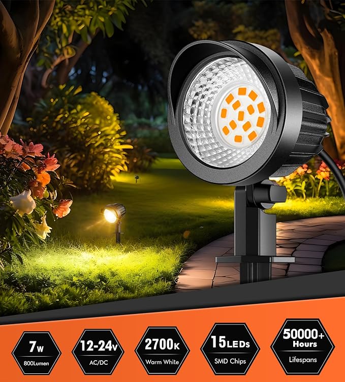MEIKEE 7W LED Landscape Lights, 12V/24V Low Voltage Landscape Lighting with Connectors IP66 Outdoor Spotlights Warm White Garden Lights for Pathway Yard Patio 12-Pack