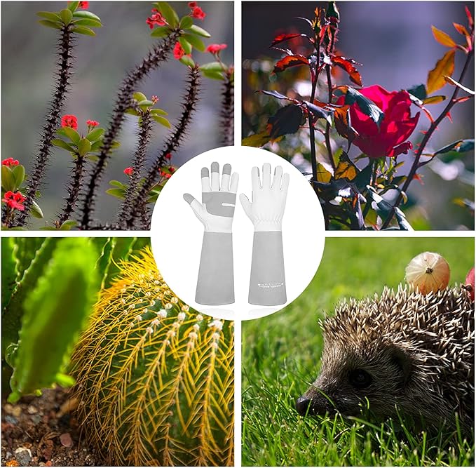 HANDLANDY Long Gardening Gloves for Men & Women, Thorn Proof Rose Pruning Gloves Leather Gauntlets Garden Gloves Yard Work Gloves (Small, Grey)