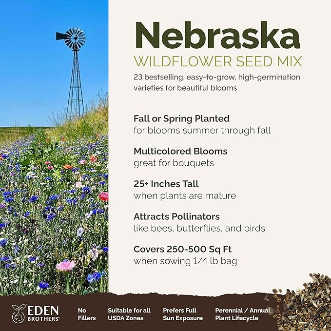 Eden Brothers Nebraska Wildflower Mixed Seeds for Planting, 1/4 lb, 120,000+ Seeds with Candytuft, Blanket Flower | Attracts Pollinators, Plant in Spring or Fall, Zones