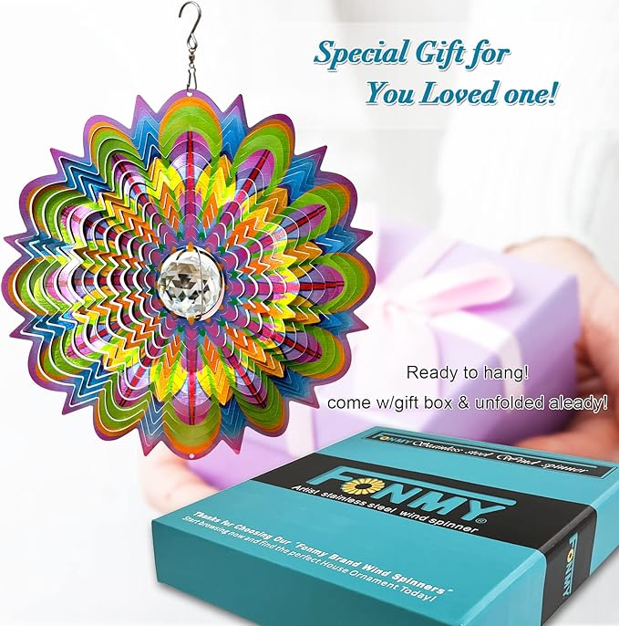 FONMY Mandala Wind Spinner w/Crystal Ball-Bloosom 3D Stainless Steel Suncatcher Hanging Spinners Worth Gift Christmas Decoration Indoor/Outdoor Garden Décor Kinetic Yard Art 12 Inches Wind Sculpture