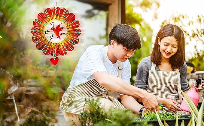 SteadyDoggie Wind Spinner - 12-Inch 3D Stainless Steel Lovebird Design with Heart Pendant - Laser Cut Metal Art Geometric Pattern - Hanging Kinetic Yard Garden Decor