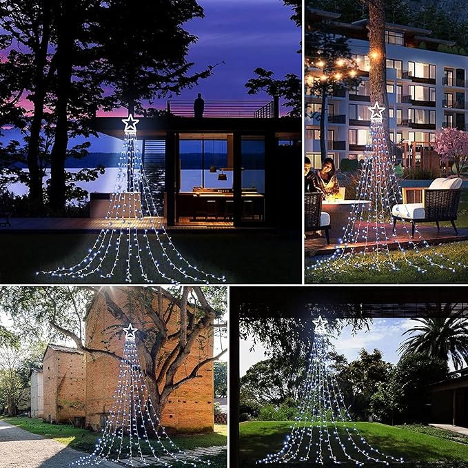 Christmas Decoration Lights, Outdoor Christmas String Lights 320 LED 11.5 Ft Waterfall Tree Lights with Big Star Topper 8 Light Modes for Christmas New Year Holiday Garden Yard Indoor Outdoor Decor