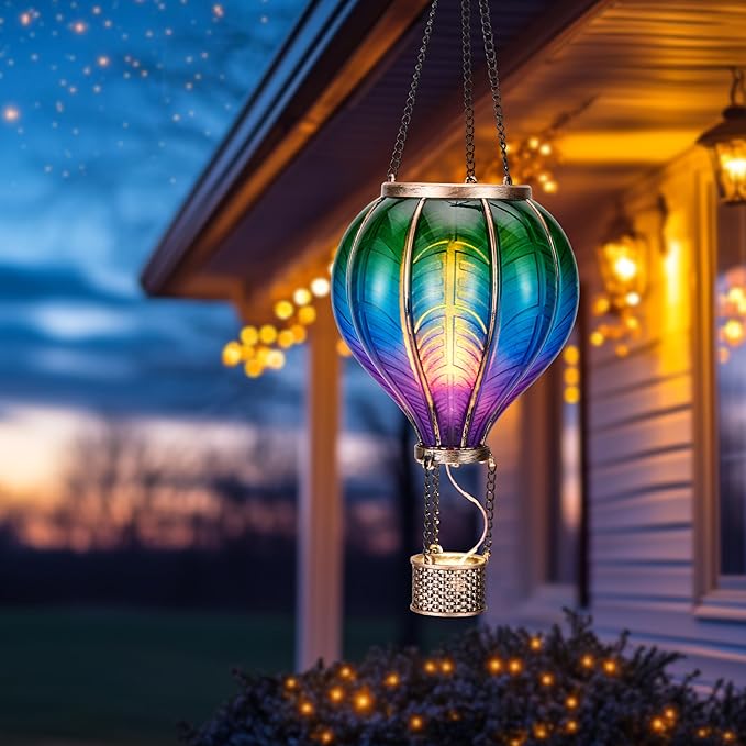 TERESA'S COLLECTIONS Hot Air Balloon Solar Lantern for Garden Decor ,Flickering Flame Hanging Solar Light for Outdoor ,Multicolor Plastic Lamp for Yard Tree Gift for Mom