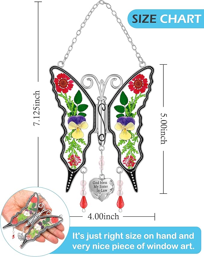 KY&BOSAM Gifts for Women God Bless My Sister in-Law Butterfly Suncatcher Sister Gifts Pressed Flower Between Wings Glass Silver Metal Charm Birthday Mother's Day Thanksgiving Christmas