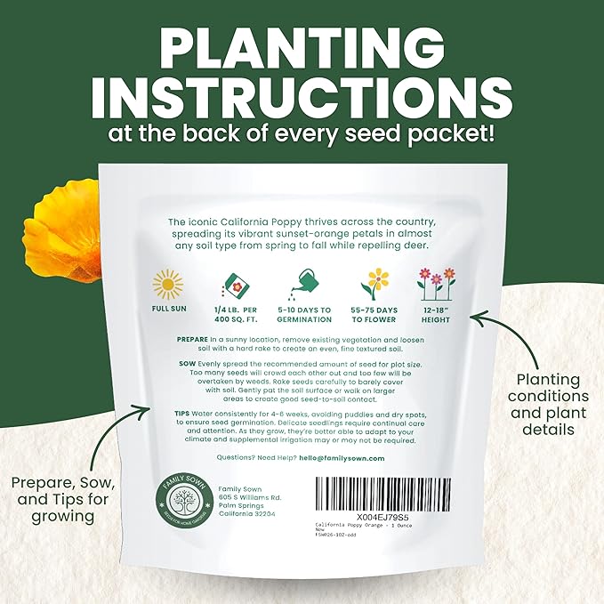 California Poppy Orange - Large 1 Ounce Packet - 20,000 Flower Seeds for Planting - Eschscholzia californica