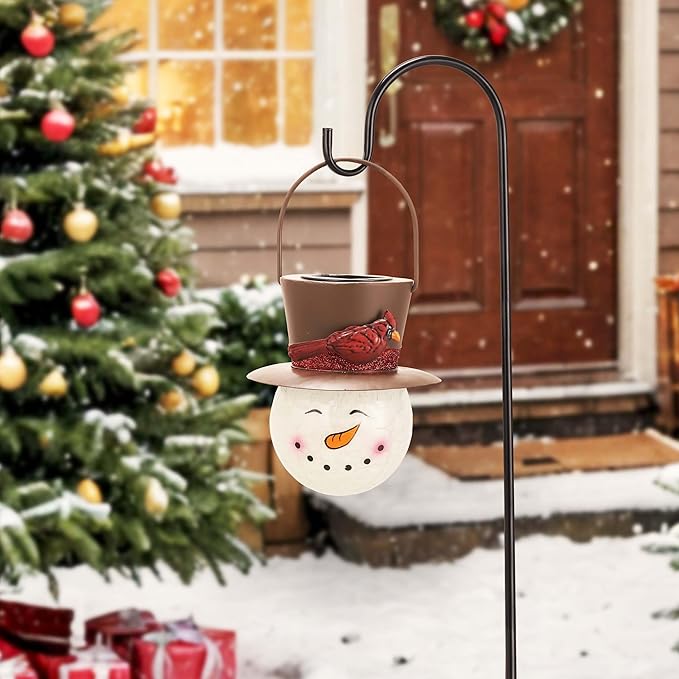TERESA'S COLLECTIONS Outdoor Christmas Decorations for House, 36'' Snowman Glass Solar Lantern Stake with Brown Cardinal Hat, Xmas Grinch Solar Christmas Lights for Garden Party Decor
