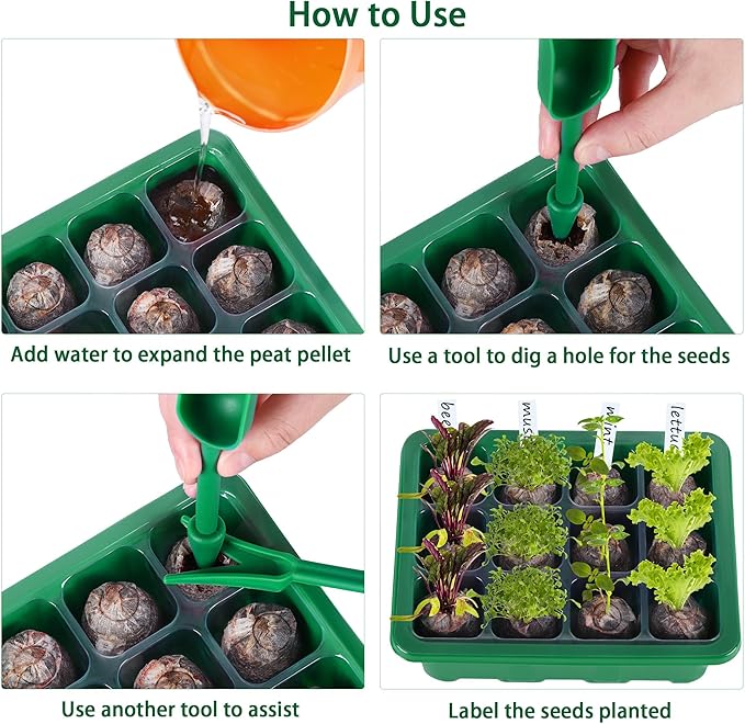 10 Sets Seed Starter Tray Kit Seed Starter Trays with Humidity Dome and Base Include 120 Peat Pellets 200 Plant Labels Garden Tools Plant Germination Tray Set for Indoor Outdoor Planting, Green