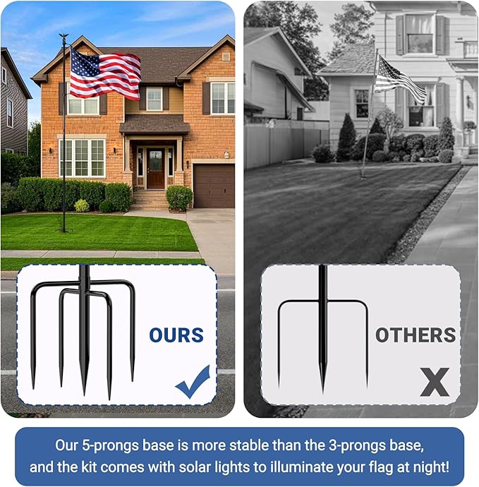 ZMTECH 10 FT Flag Pole Kit in Ground with 5 Pronges Base, Heavy Duty Flag Pole Holder with Metal Eagle Topper for Outside House & Yard Outdoor Garden Decor Residential Commerical(1 Pack,Without Flag)