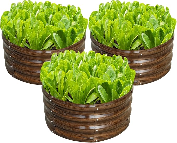 SnugNiture 3 Pcs 2x2x1ft Round Galvanized Raised Garden Bed Kit Outdoor, Metal Planter Box for Planting Plants Vegetables, Brown
