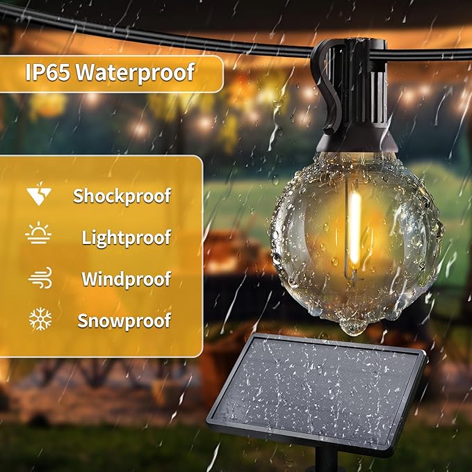 50ft Solar String Lights with Remote, 25+1 LED Bulbs Patio Lights Outdoor Waterproof, G40 Dimmable Deck Lights for Outside Garden Fence Backyard Decor