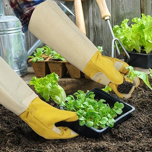 HLDD HANDLANDY Gardening Gloves for Women Long Sleeve Rose Pruning Gloves Thorn Proof Leather Garden Gloves Gardening Gifts, Golden Yellow, M