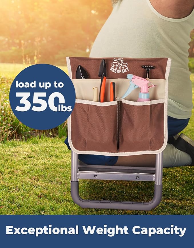 DEERFAMY Garden Stool 10.2" Width, Garden Kneeler and Seat Load Cap 350 lbs, Heavy Duty Gardening Stool with Extra Kneeling Pad, 2 Tool Pouches, Claw Gloves, Gift for Women Seniors, 2 Pack