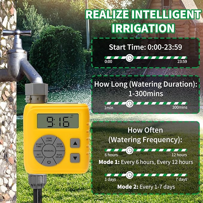 Sprinkler Timer, Zuomeng Water Timer for Garden Hose with Dual Power Design, Professional Anti-Leak Technology, Smart Irrigation with Rain Delay, Automatic/Manual Mode for Efficient Watering, Yellow