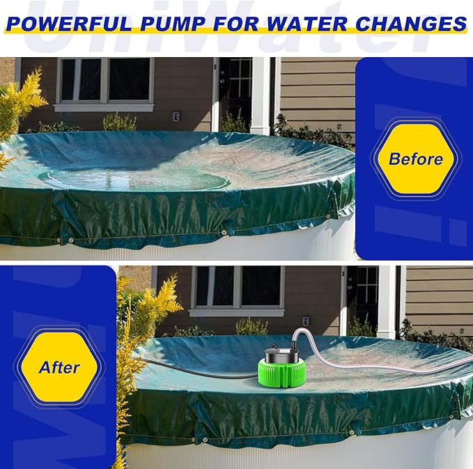 Pool Cover Pump above Ground-Submersible Sump Pump Swimming Water Removal Pumps, Sump Pump for Pool Draining with 16ft Drainage Hose & 25 ft Extra Long Power Cord,850 GPH,3 Adapters-Green