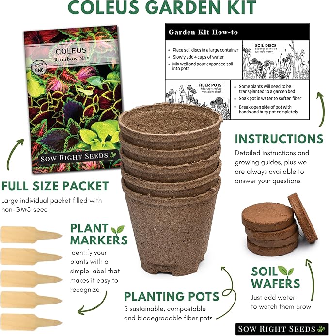 Sow Right Seeds - Coleus Seeds for Planting Indoors - Garden Starter Kit - Includes Pots & Potting Soil - Non-GMO Packet with Instructions - Vibrant Foliage for Indoors or Outdoors - Gardening Gift