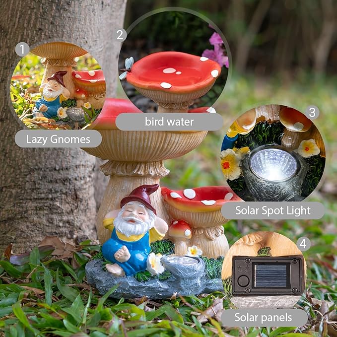 Solar Garden Statue Gnomes Figurine Lights, Bird Water Feeder and Gnomes who are Lazy Under Mushrooms, Outdoor Yard Decorations for Patio Porch Home, Garden Gifts for Women Mom