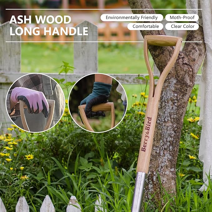 Berry&Bird Shovel for Digging, Round Point Digging Garden Shovel with Wood D-Handle, 40.98" Stainless Steel Gardening Didding Spade, Heavy Duty Spade Shovel Beach Shovel Snow Shovel for Women & Men