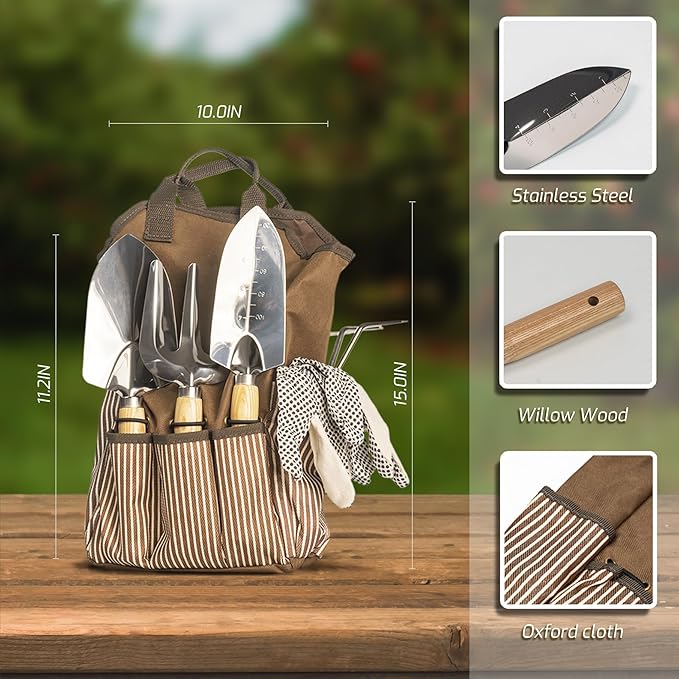 13 PCS Garden Tool Set with Wood Handle, Repotting Mat, Gardening Apron, Storage Bag Tote, Gardening Gift for Women