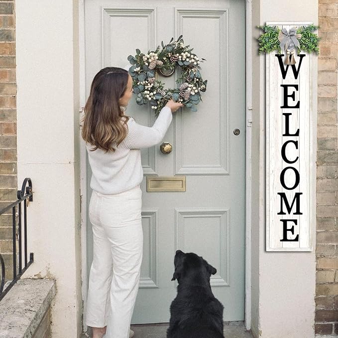 Welcome Sign for Front porch Standing 45"X9"Large Wood Frame Outdoor Tall Welcome Signs Vertical Decor for Farmhouse Rustic Home Modern Outside Front Door Wall Decorations (White)