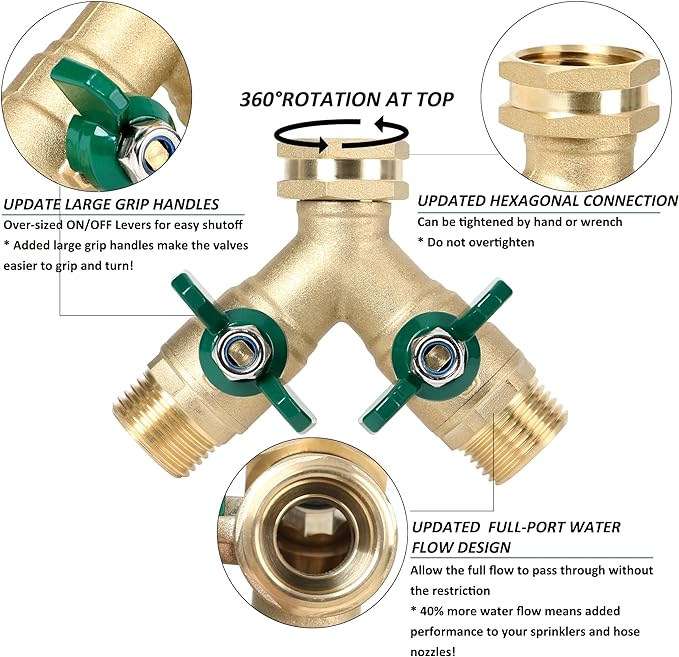 STYDDI Garden Hose Splitter Full Flow, Brass Heavy Duty Hose Splitter 2-Way High Flow, All Metal Hose Y Splitter with Shutoff, Outdoor Faucet Splitter Hose Connector, Water Hose Y Valve Tap Adapter
