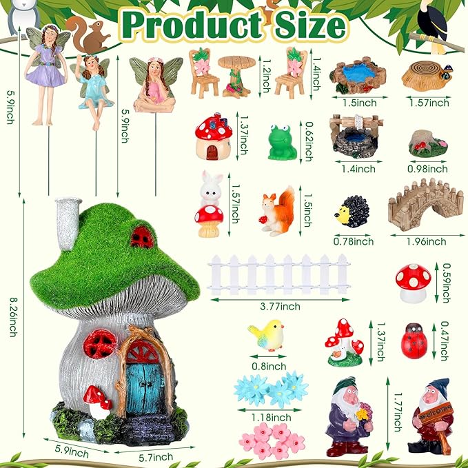 Suzile 50 Pcs Solar Fairy House Garden Accessories Light up Flocked Fairy House Garden Kit Green Resin Miniature Mushroom Figures Micro Landscape Ornament(Mushroom House)