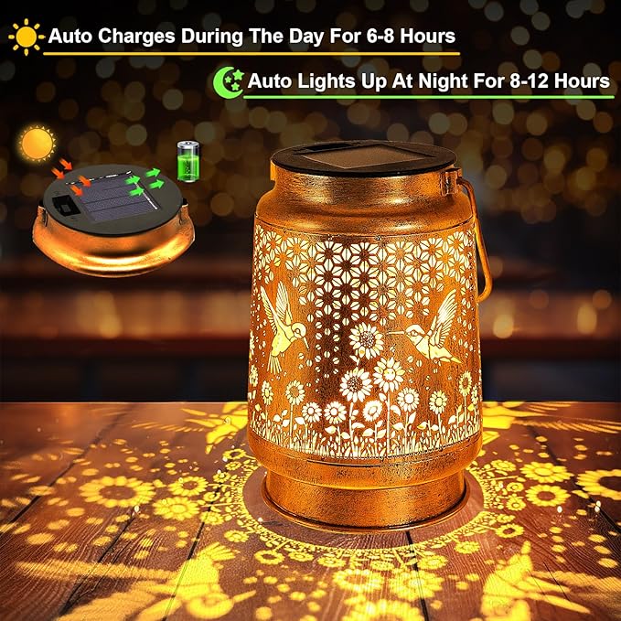 Hummingbird Solar Lanterns Outdoor Garden Decor, Birthday Gifts for Women Mom Grandma Hanging Metal Solar Lights Waterproof Decoration LED Lantern with Shepherd Hook for Outside Garden Yard Patio Lawn