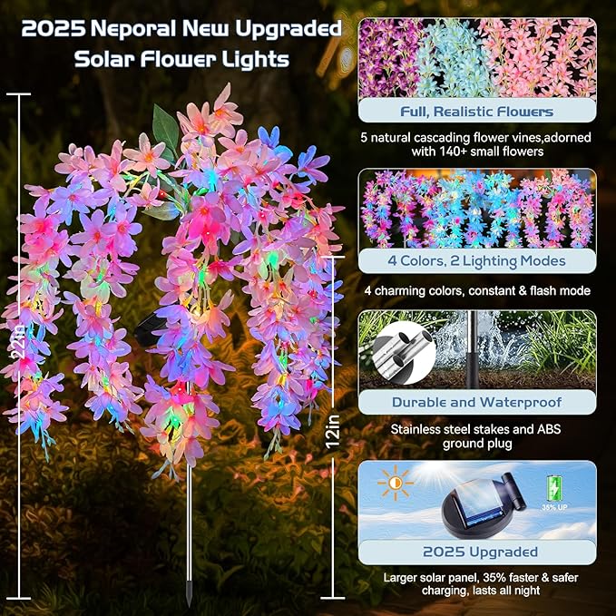 Neporal Solar Flowers Outdoor Waterproof IP65, 5 Lilac Flower Vines with 140+ Flowers, 2 Lightning Modes &Enlarged Solar Panel, 6PK Blue/Pink/Purple Solar Garden Lights Outdoor for Garden, Yard Decor