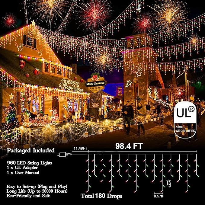 960 LED 98FT Christmas Lights Plug in 8 Modes with Timer Dimmable Christmas Decorations Outdoor Waterproof Indoor Curtain String Lights for Roof Garden Holiday Wedding Party Decor Red + Green