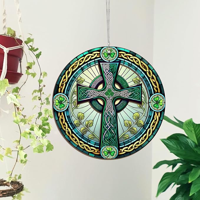 St Patricks Day Decorations - Irish Gifts for Men Women Friends Family, St Patricks Day Accessories, Celtic Cross Home Decor - Double Layered Hanging Suncatcher 12 in