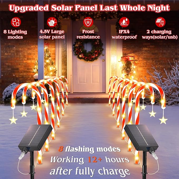 19.3in Christmas Solar Candy Cane Lights, 10 Pcs Pathway Light with Star 8 Flashing Modes, Outdoor Christmas Decorations for Outside Path, Walkway, Driveway, Sidewalk, Porch, Yard, Garden
