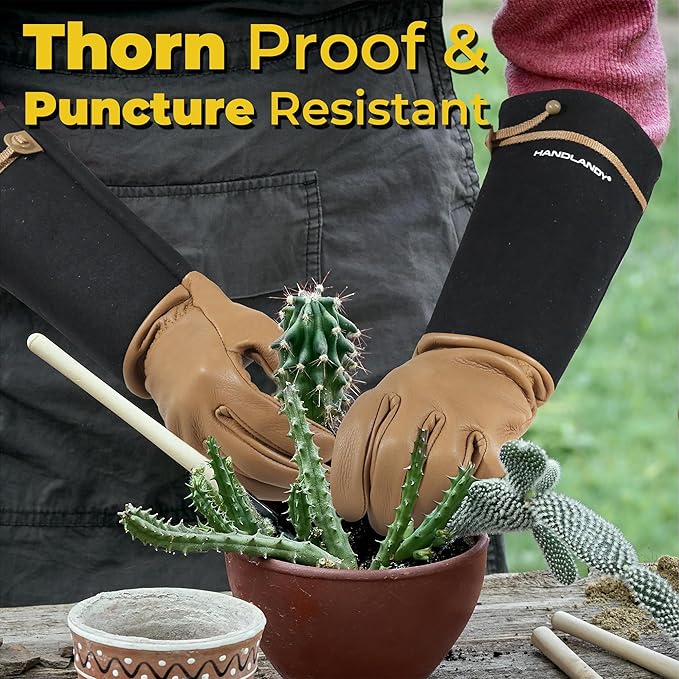 HANDLANDY Long Gardening Gloves for Men & Women, Cowhide Leather Rose Pruning Gloves, Breathable Thorn Proof Gauntlet Gloves (Brown-Cowhide, S)