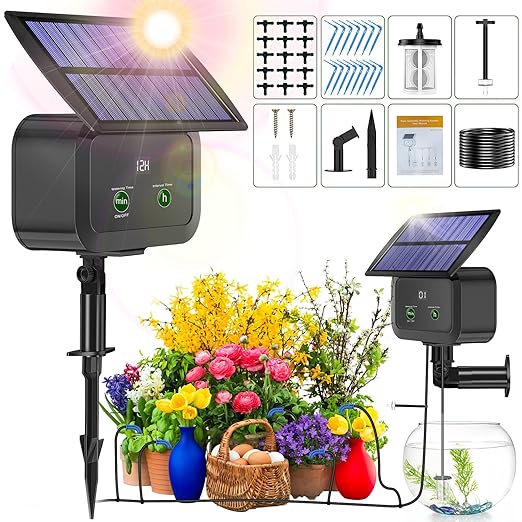 LCD Display Solar Drip Irrigation System Kit, 30 Working Modes & 10 Watering Interval Solar Powered Drip Irrigation Kit Supports 15 Potted Plants, 2200mAh Automatic Watering System for Garden