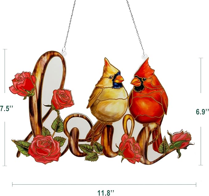 Love with Red Cardinal Suncatcher Red Bird Stained Glass Suncatchers Window Hanging Ornament for Home Decor for Valentine's Day Mother's Day Women Mom Birds Lovers Friends (Love)