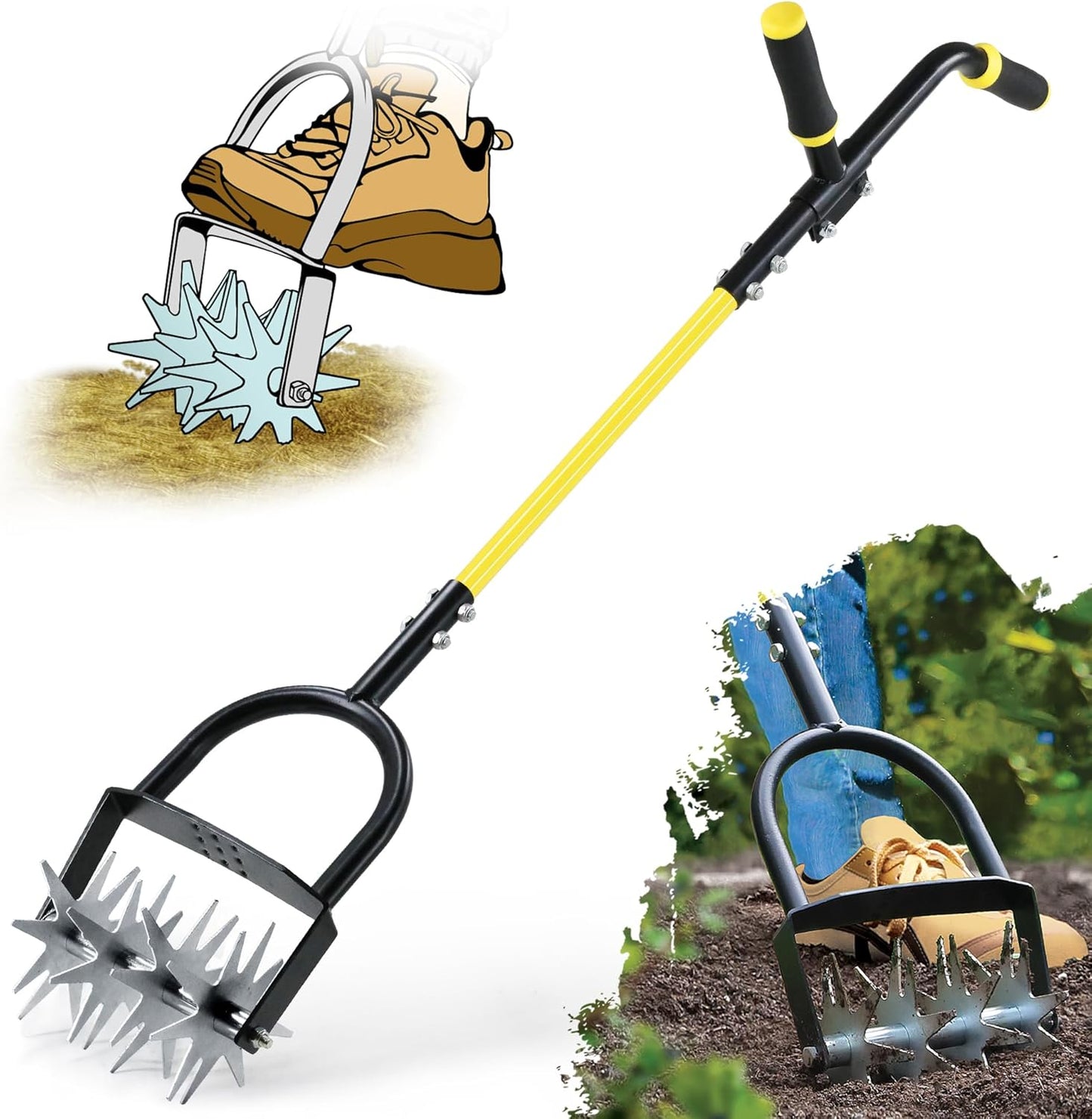 Jardineer Rotary Cultivator for Gardening, Long Handle Garden Cultivator for Soil Mixing, Reseeding, Lawn Aerating, Hand Tiller with Auxiliary Handle Suitable for Women and The Elderly
